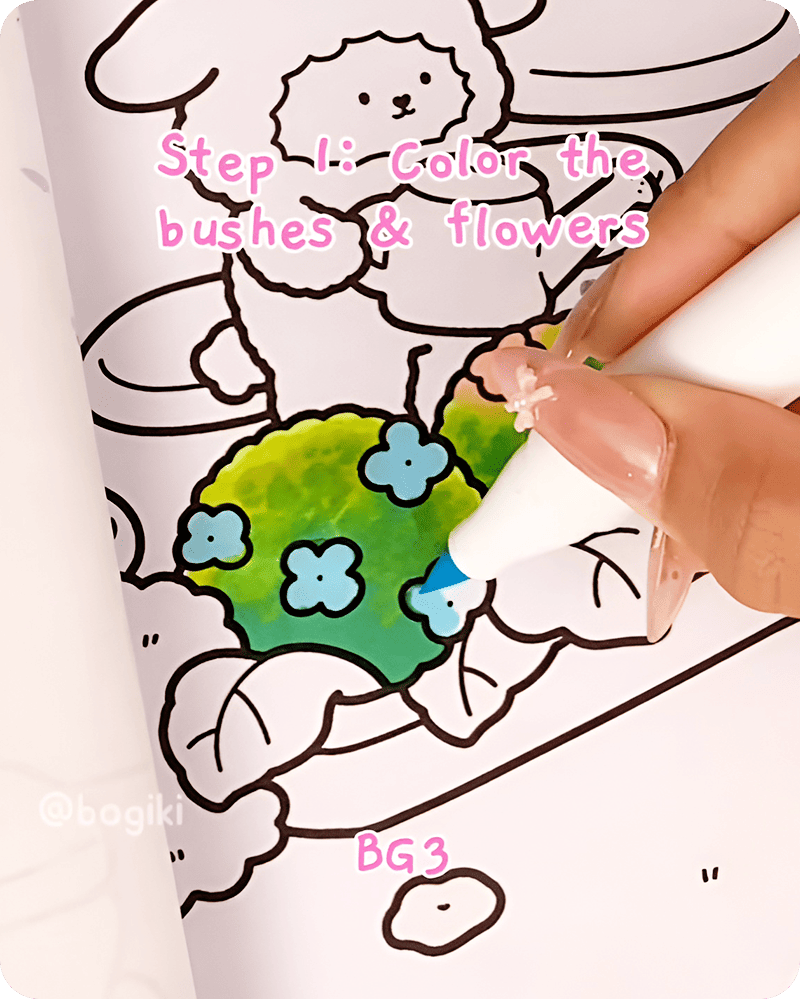 Applying soft blue and pink tones to hydrangea flowers in beginner friendly drawing tutorial