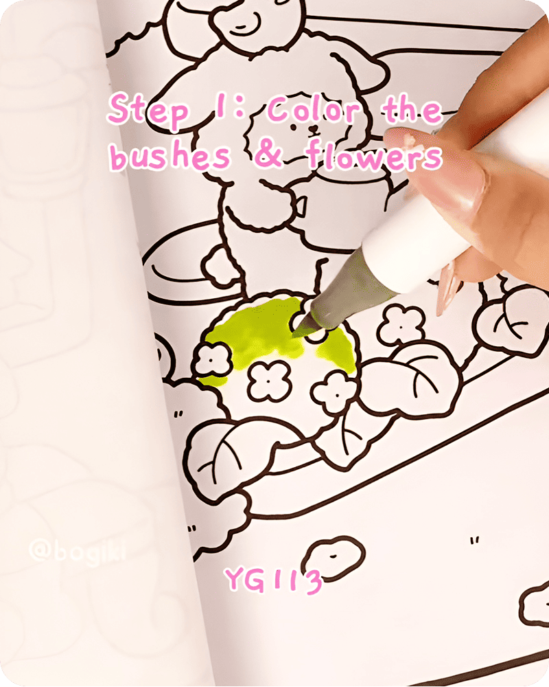 Light green base coloring for hydrangea bush using soft strokes in step by step drawing tutorial