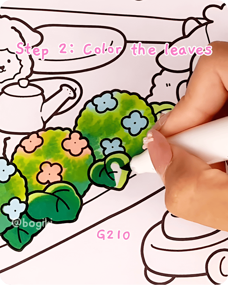 Filling leaf areas with deeper green tones to create contrast in hydrangea drawing process