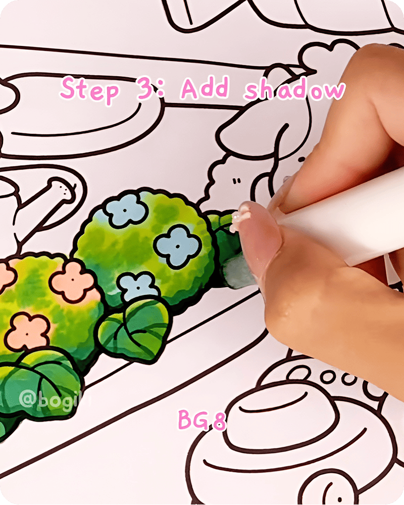 Enhancing shadows with deeper green tones for natural depth in hydrangea illustration tutorial