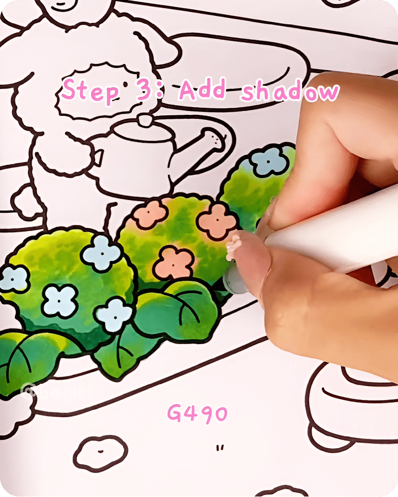 Adding soft shadow under hydrangea bush to anchor composition in step by step drawing guide