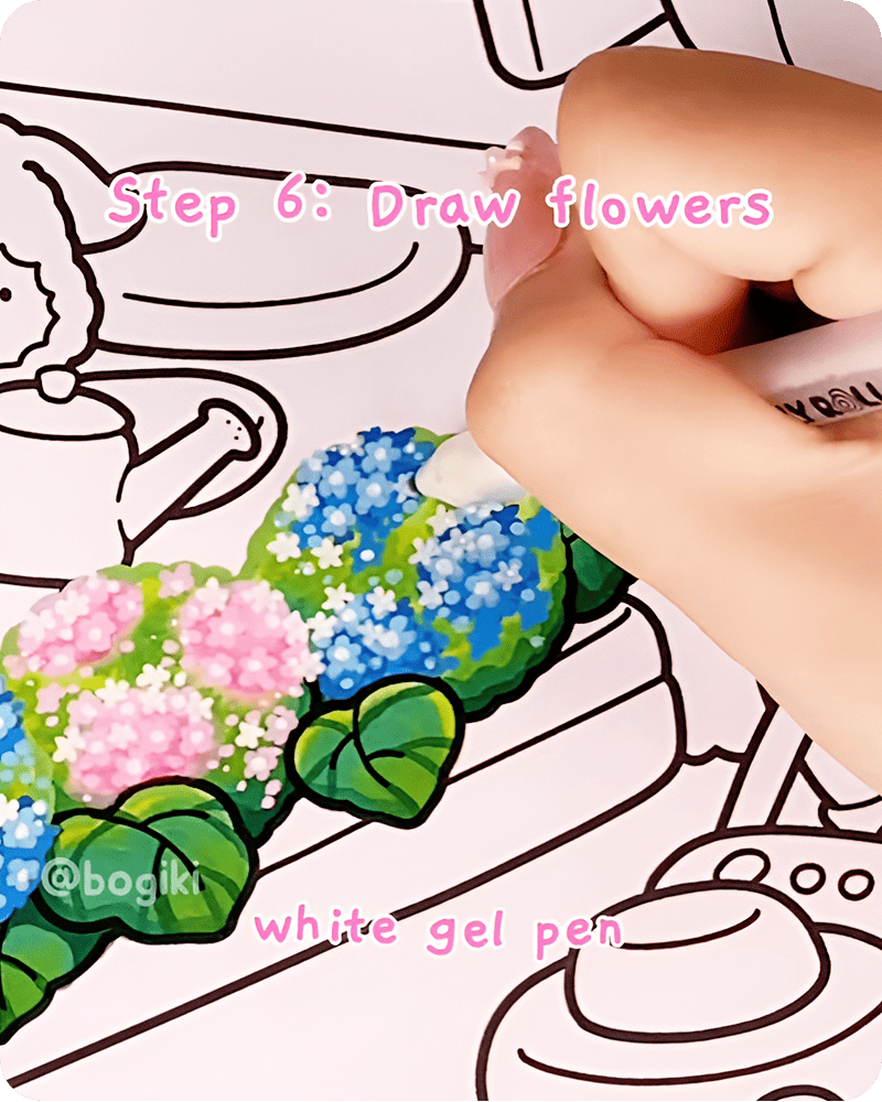 Adding tiny white gel pen details to hydrangea petals for soft textured floral illustration