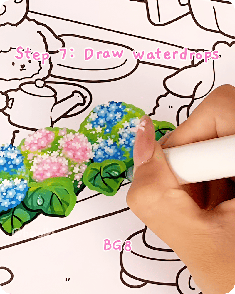 Highlighting water droplets with white gel pen for realistic shine in hydrangea drawing guide