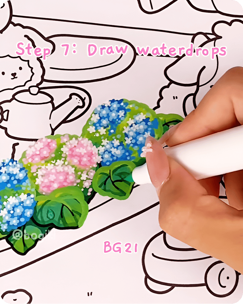 Drawing water droplets on hydrangea leaves using soft blue tones in step by step tutorial