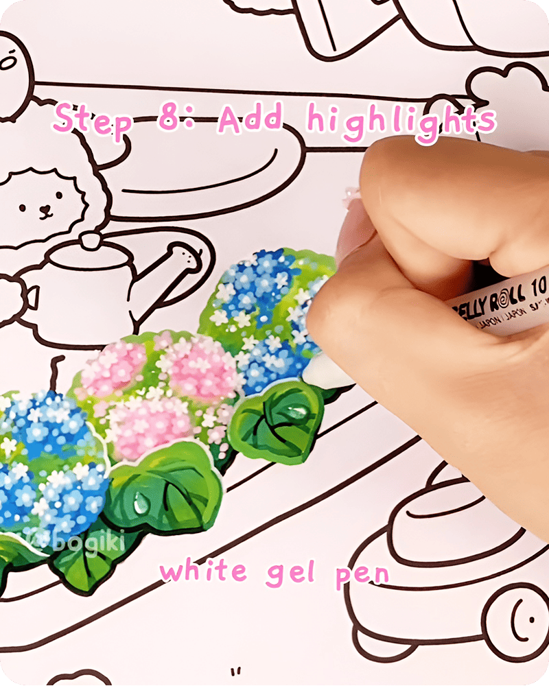 Final white highlights adding soft glow to hydrangea flowers and leaves in cozy illustration style