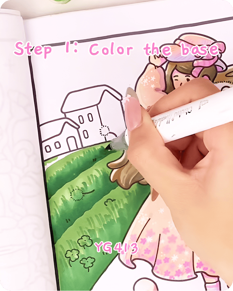 Adding deeper green YG413 near the ground in how to draw lavender fields, using upward strokes to create natural grass movement and gentle depth