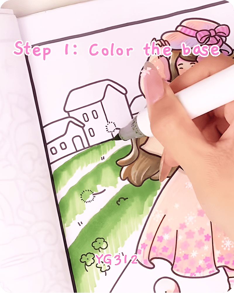 Applying light green YG312 base in how to draw lavender fields, creating a soft grassy foundation with airy strokes for a calm and natural landscape feel