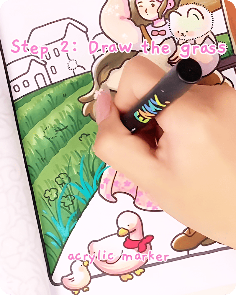Layering grass using green acrylic marker in how to draw lavender fields, adding depth and variation while keeping the texture soft and natural