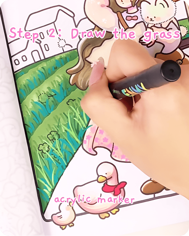 Adding bright green acrylic highlights in how to draw lavender fields, creating a soft glowing effect that makes the grassy field feel fresh and lively