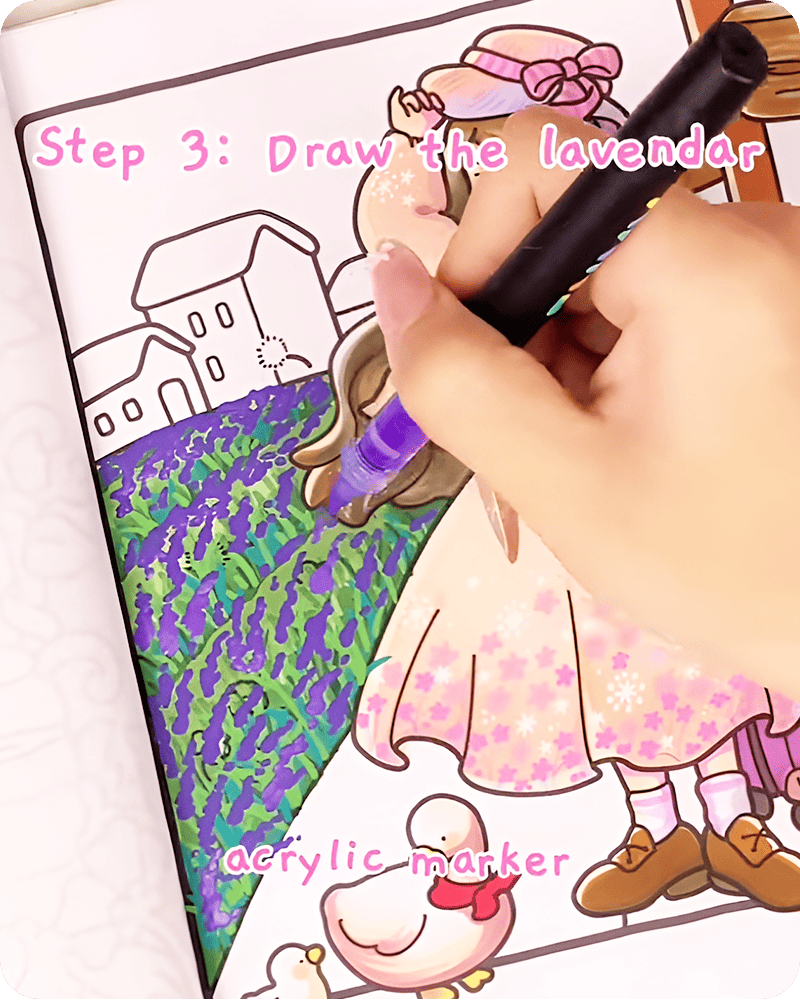 Adding depth with varied flower sizes in how to draw lavender fields, using smaller dots for distance and larger shapes for closer lavender blooms
