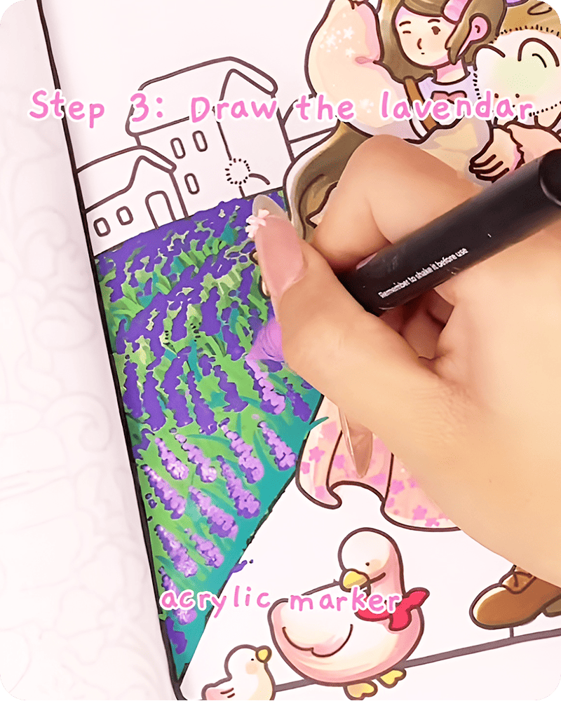 Layering light purple highlights in how to draw lavender fields, enhancing the flowers with soft tones while keeping a gentle and airy appearance