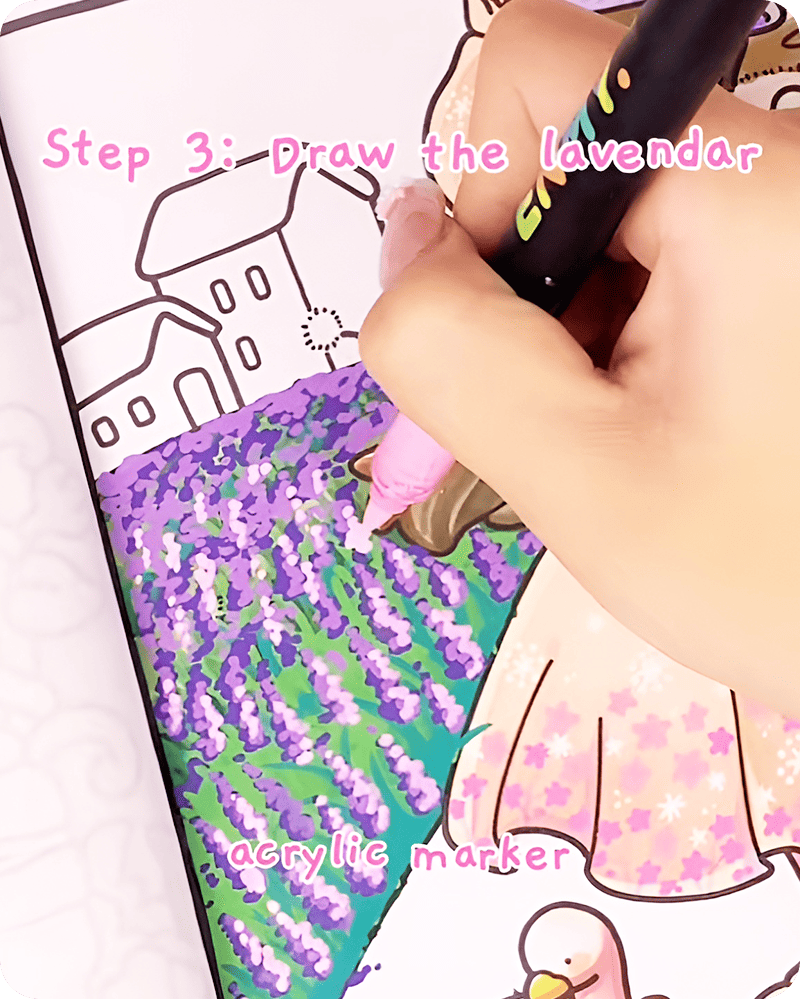 Adding pink highlight dots in how to draw lavender fields, creating a subtle glowing effect that makes the lavender flowers look delicate and lively