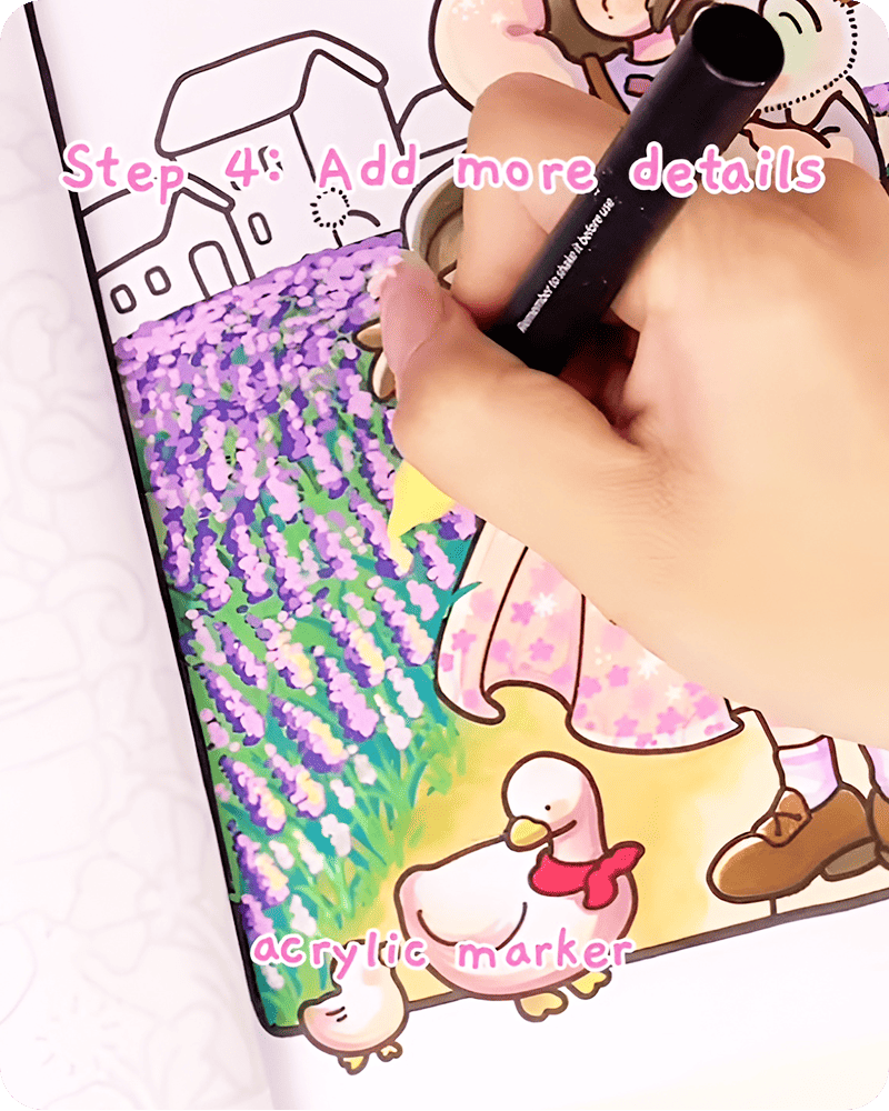 Adding tiny yellow dots to lavender flowers in how to draw lavender fields, creating small highlights that bring gentle brightness and charm to the scene