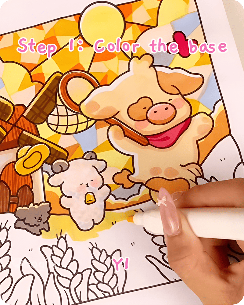 Soft yellow base coloring for a paddy field drawing using Y1 marker to create warm sunlight across rice fields naturally.