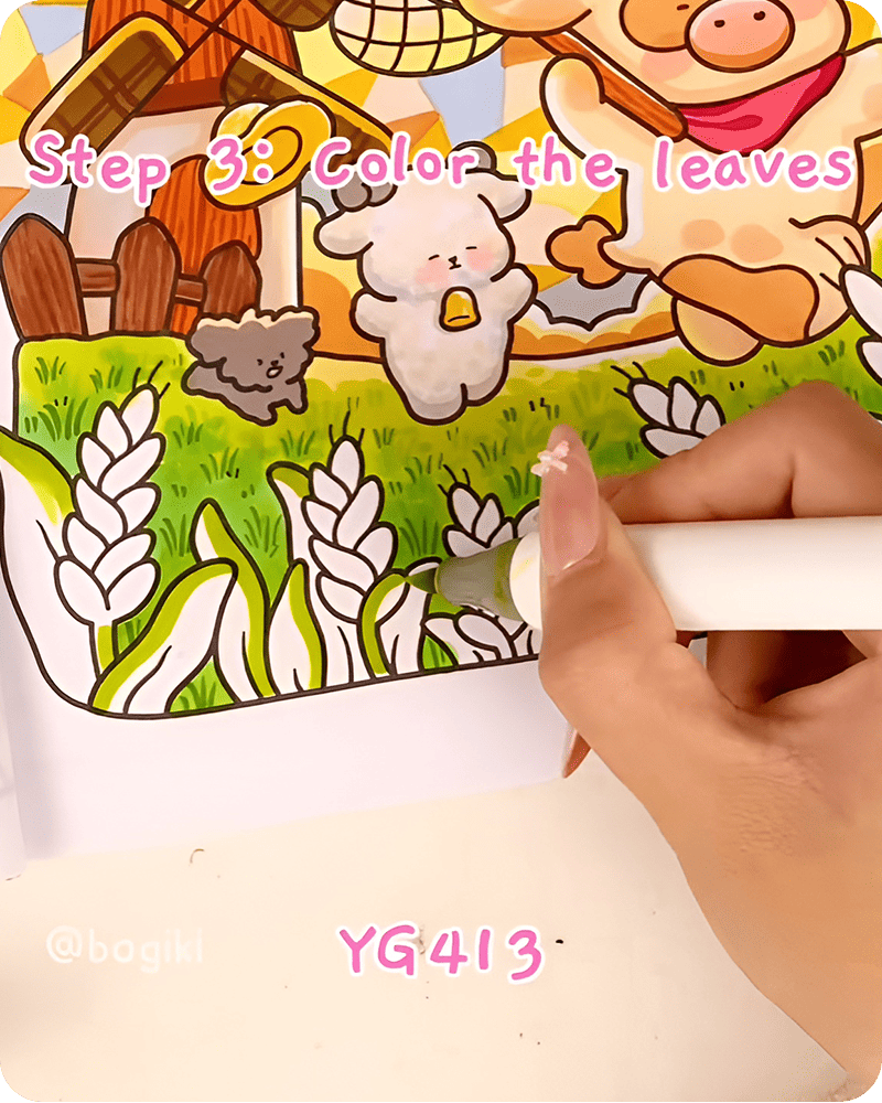 Coloring long paddy leaves with light green YG413 while keeping soft highlights for a fresh and airy natural appearance