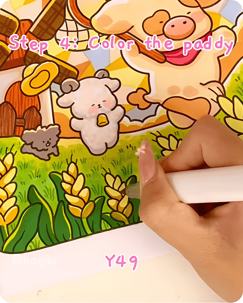 Deeper yellow Y49 shading added to one side of rice grains for rounded texture in a detailed paddy field drawing tutorial