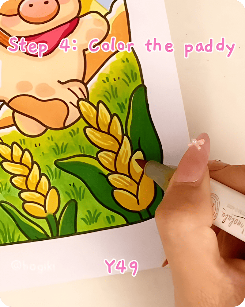 Fine yellow texture lines drawn on rice grains to create subtle detail while learning how to draw a paddy field naturally