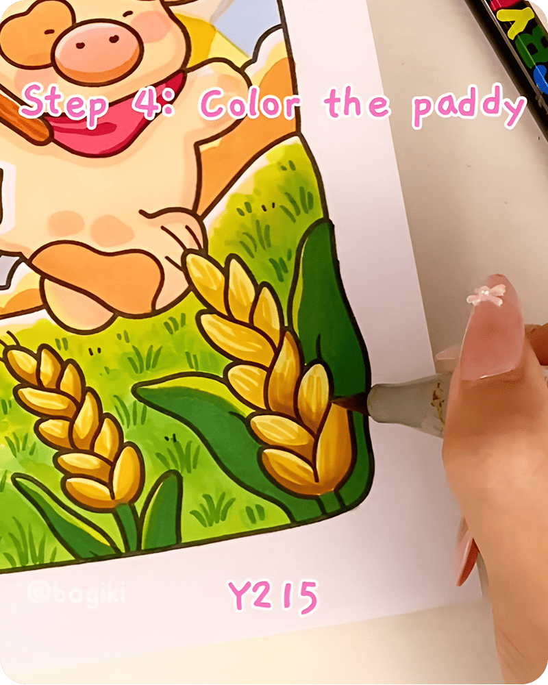 Warm shadow layers using Y215 added to rice grains for richer depth and soft realistic texture in paddy field artwork
