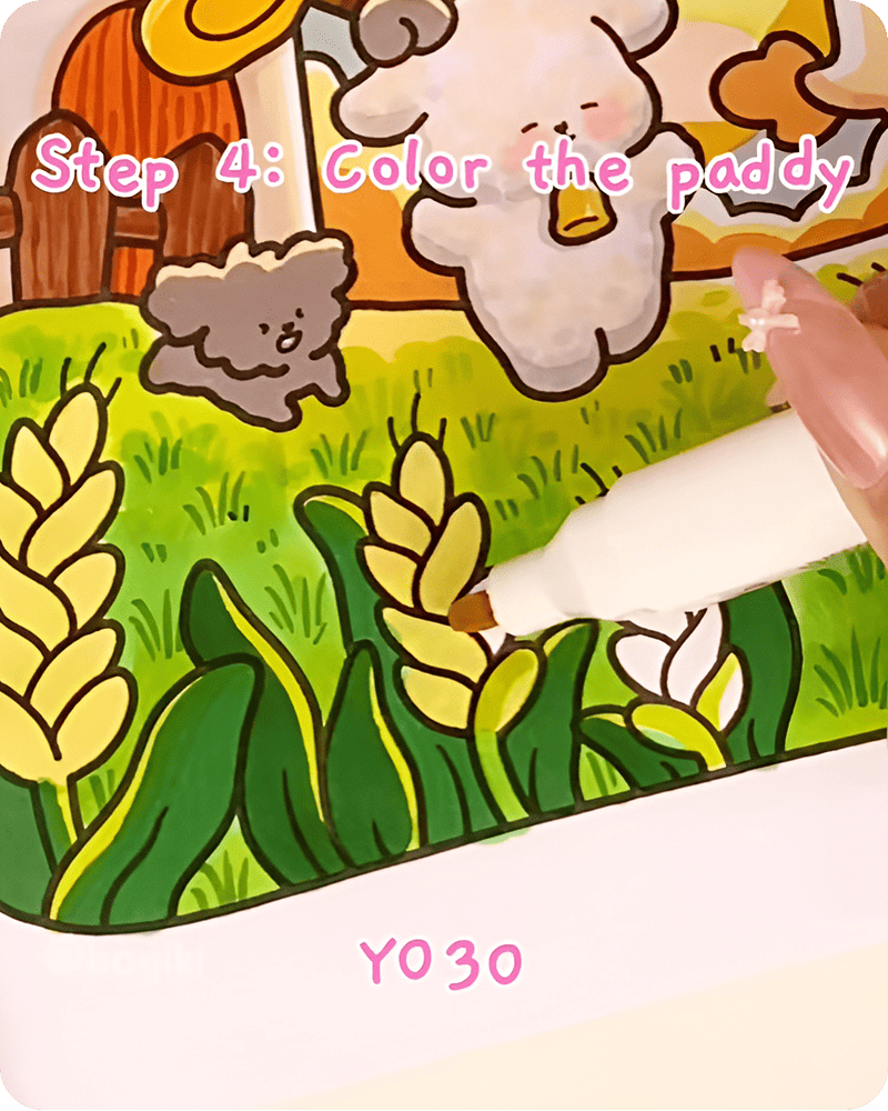 Soft yellow Y030 coloring applied to rice grains to create a warm glowing base in a peaceful paddy field illustration