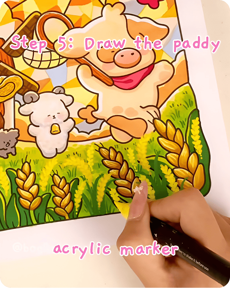 Small yellow rice flowers scattered across the field using acrylic markers to complete a lively paddy field illustration