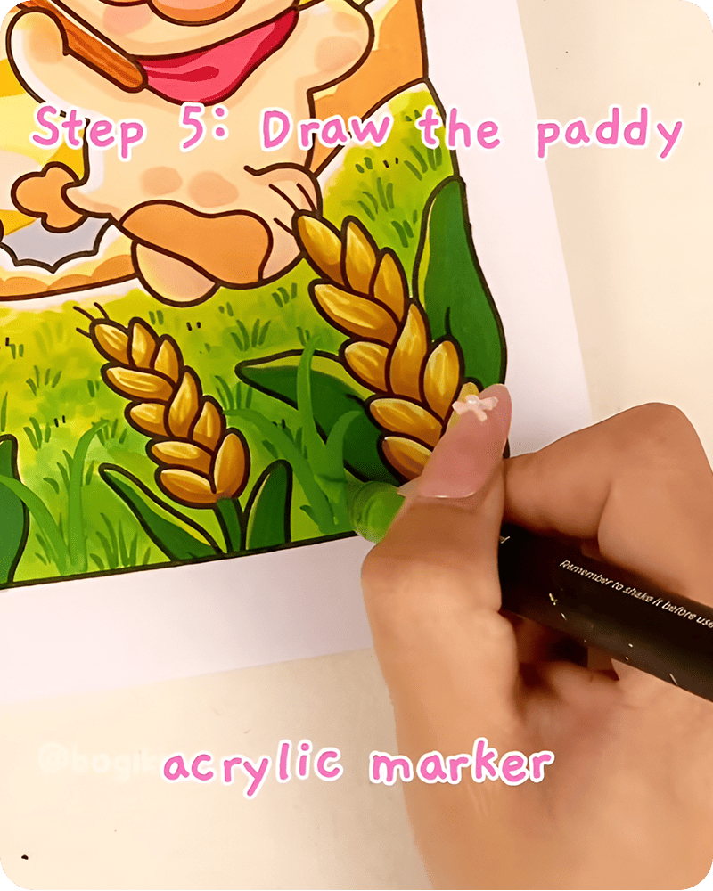 Thin green acrylic grass strands drawn above rice fields to add natural movement and softness to the paddy field drawing