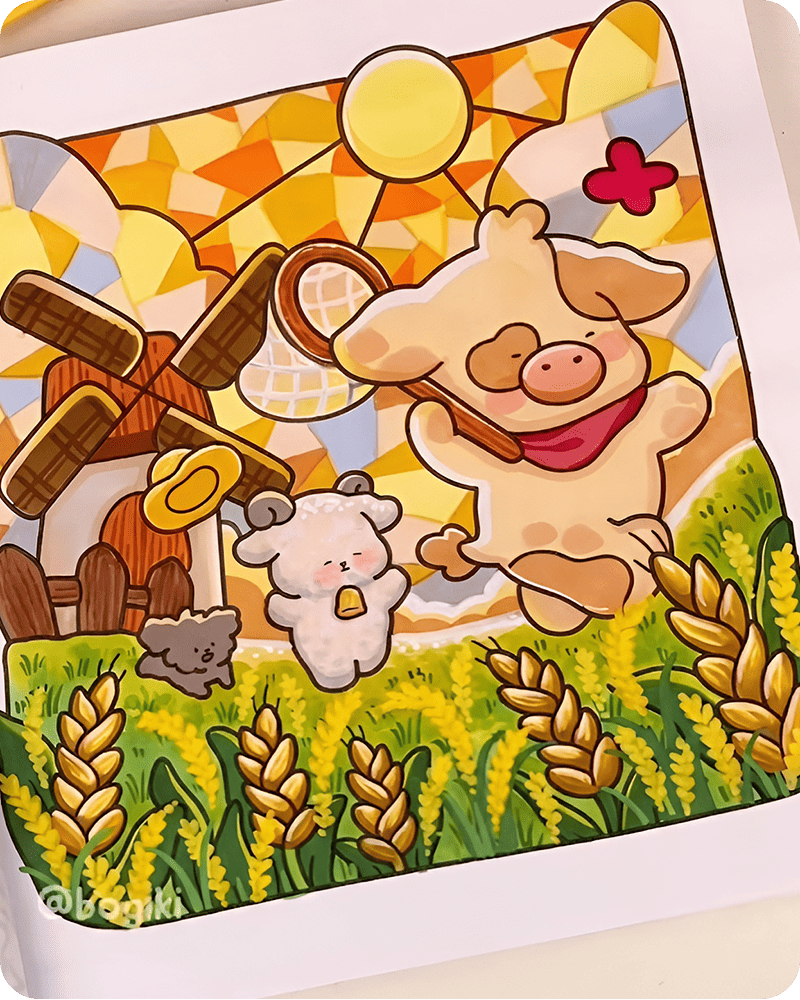 Finished paddy field drawing with layered yellow and green rice fields creating a peaceful countryside landscape scene naturally