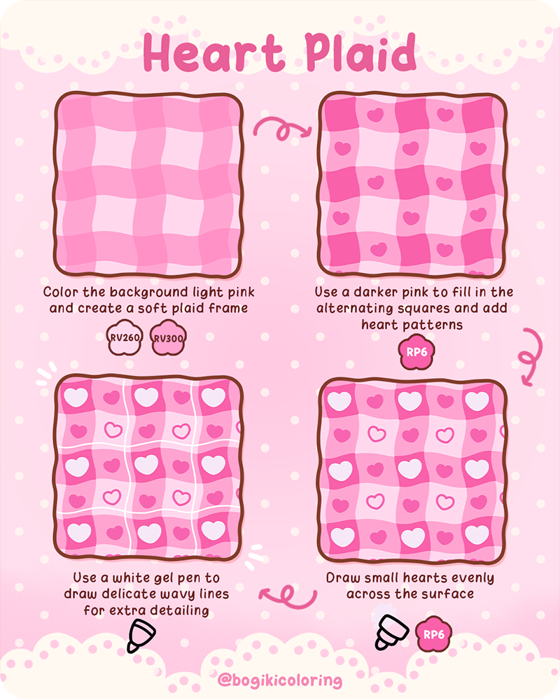 How to draw plaid pattern step by step with soft pink heart plaid design for relaxing adult coloring pages