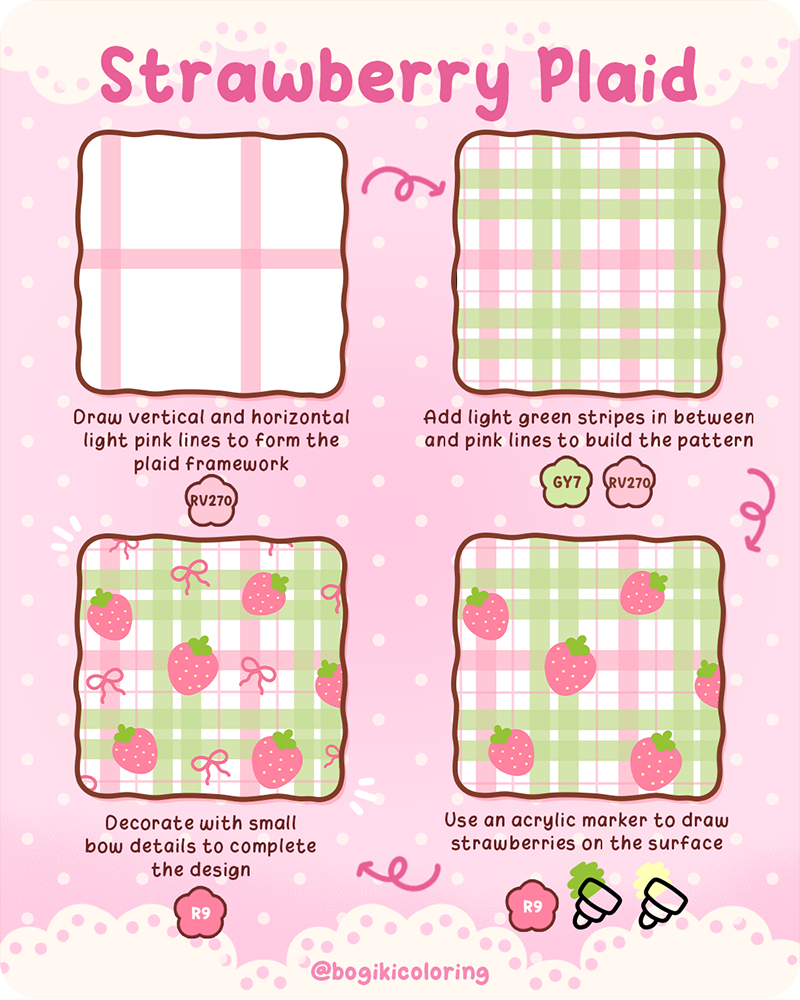Step by step plaid pattern drawing featuring playful strawberry plaid with pink and green for coloring pages