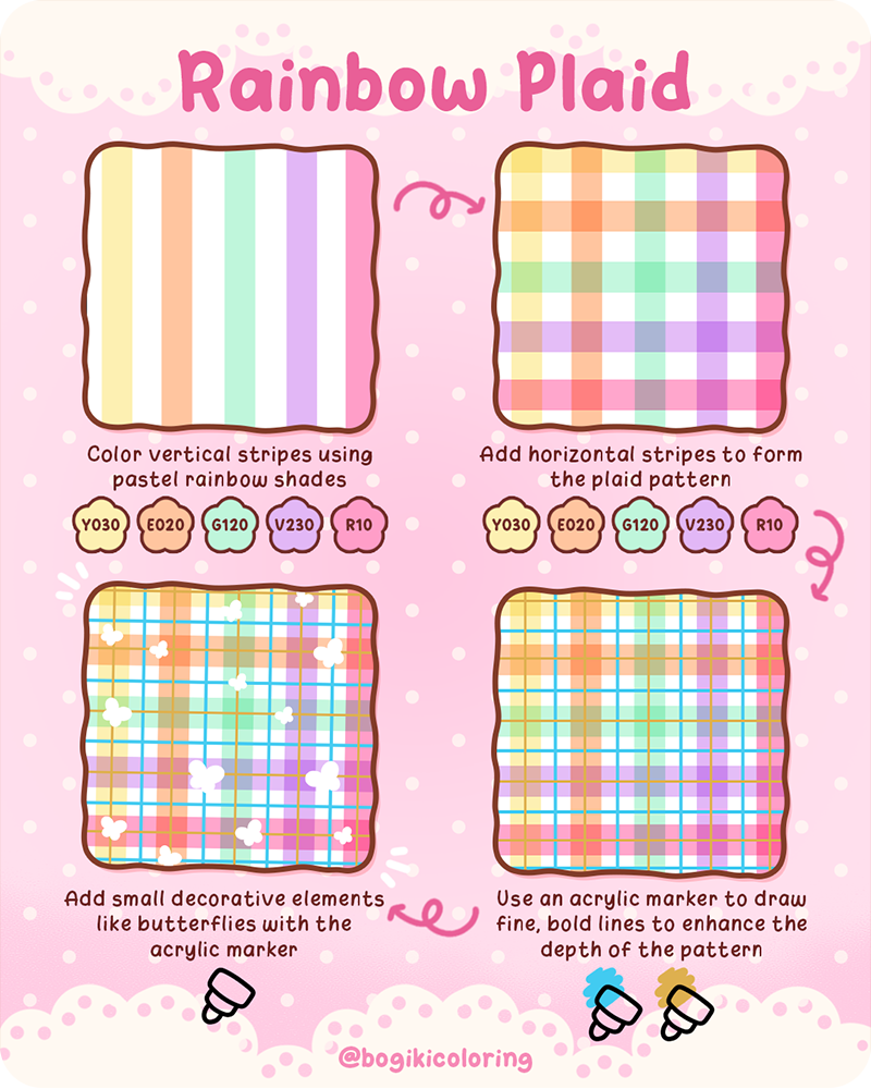 Learn how to draw plaid pattern step by step with gentle pastel rainbow plaid for calm and cozy coloring fun