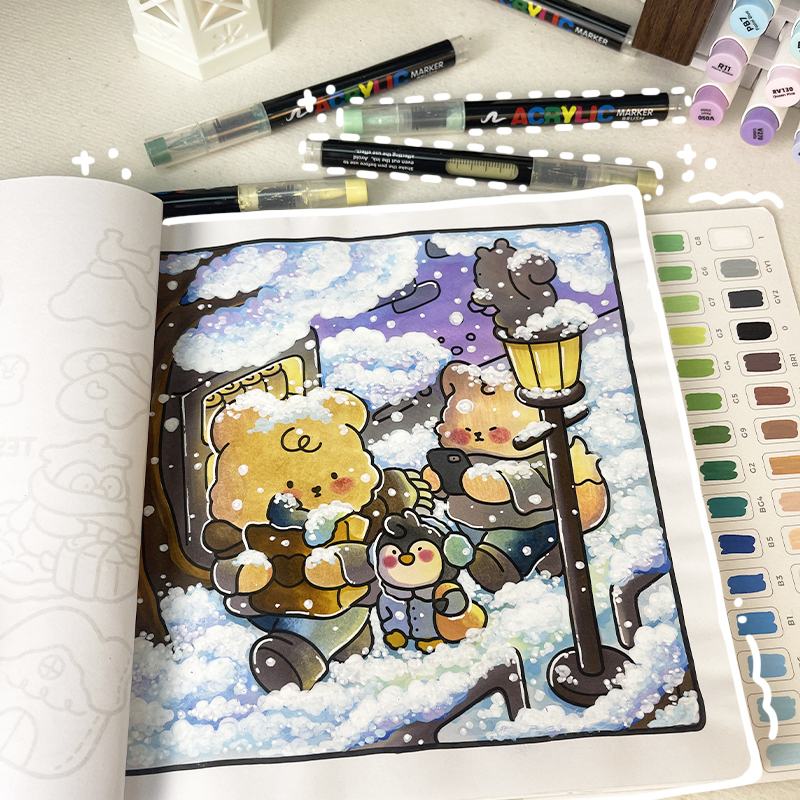 Acrylic markers illustration for coloring books showing opaque paint pen layering and smooth color application on paper