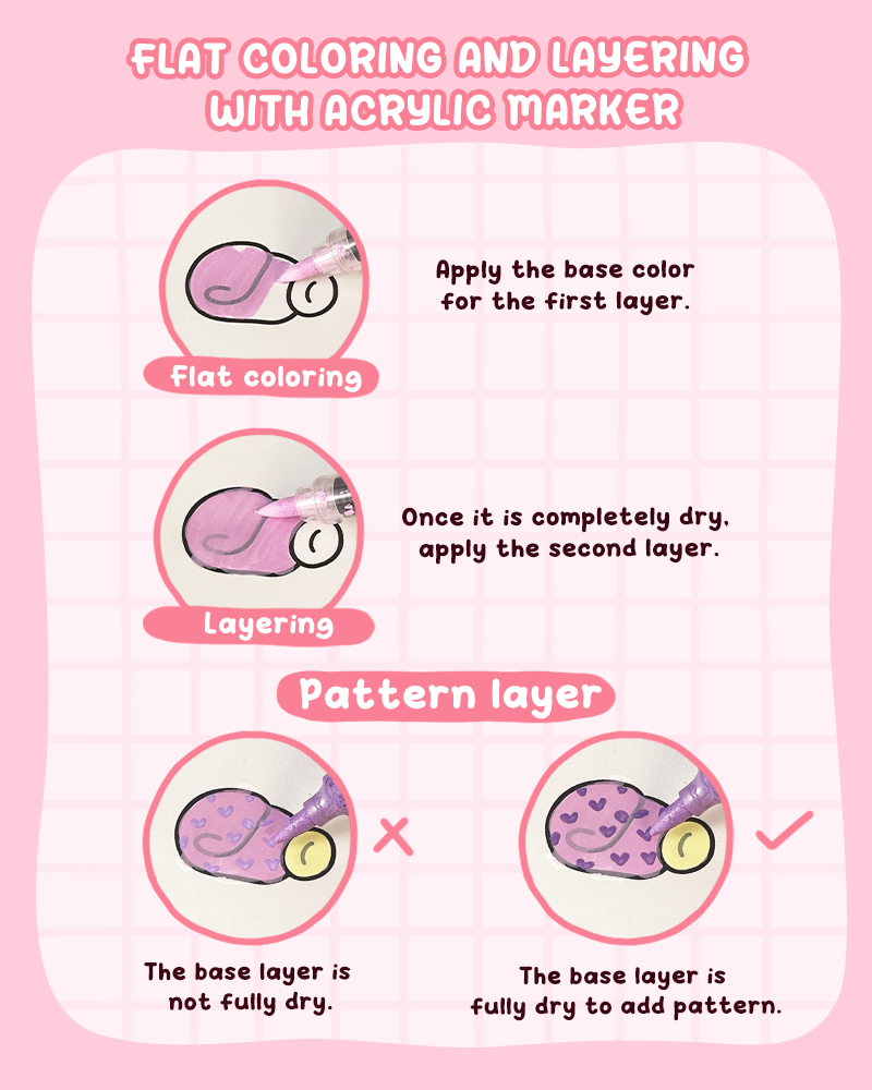 Flat coloring and layering with acrylic markers for coloring books creating smooth base coat and even color surface