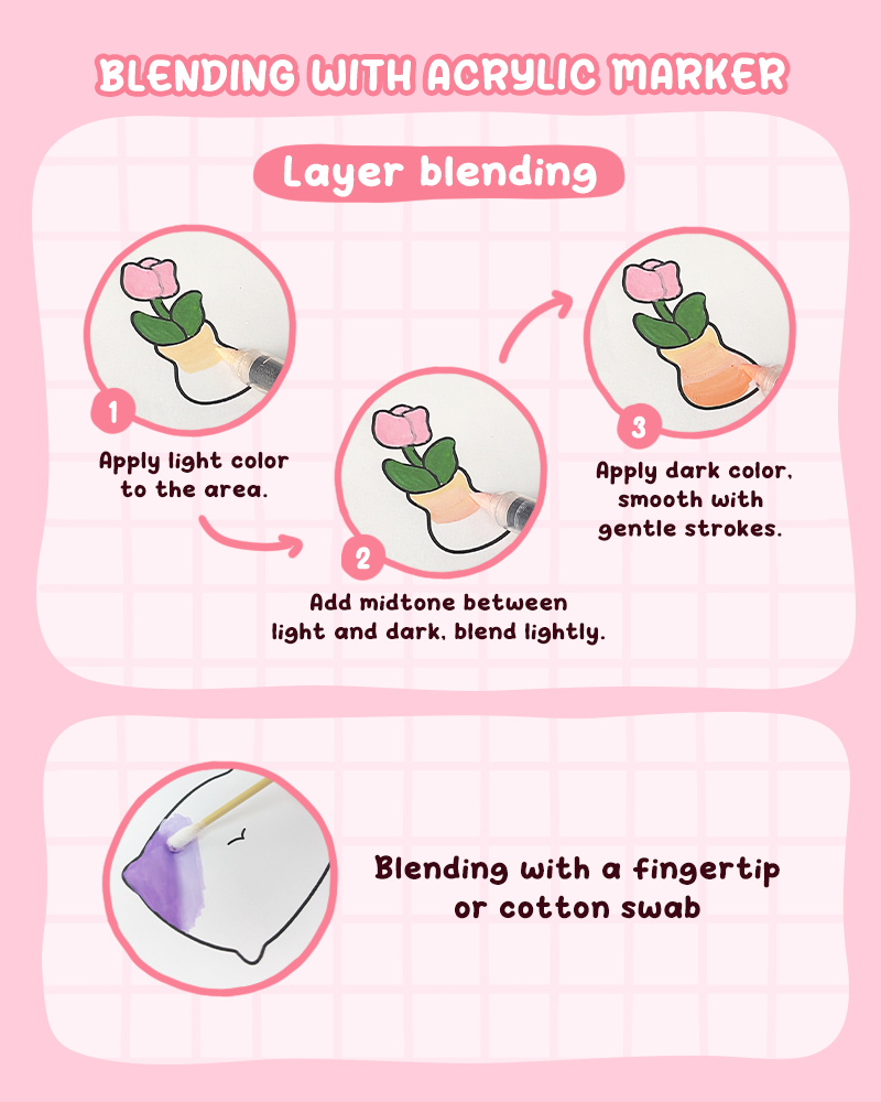 Blending acrylic markers for coloring books creating soft gradient transitions between colors on paper artwork