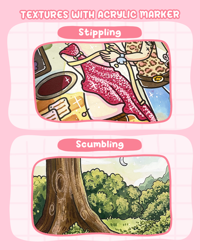 Texture techniques using acrylic markers for coloring books like stippling and scumbling for natural surface effects