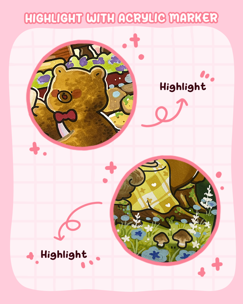 Highlights with acrylic markers in coloring books adding light accents and contrast to enhance illustration details