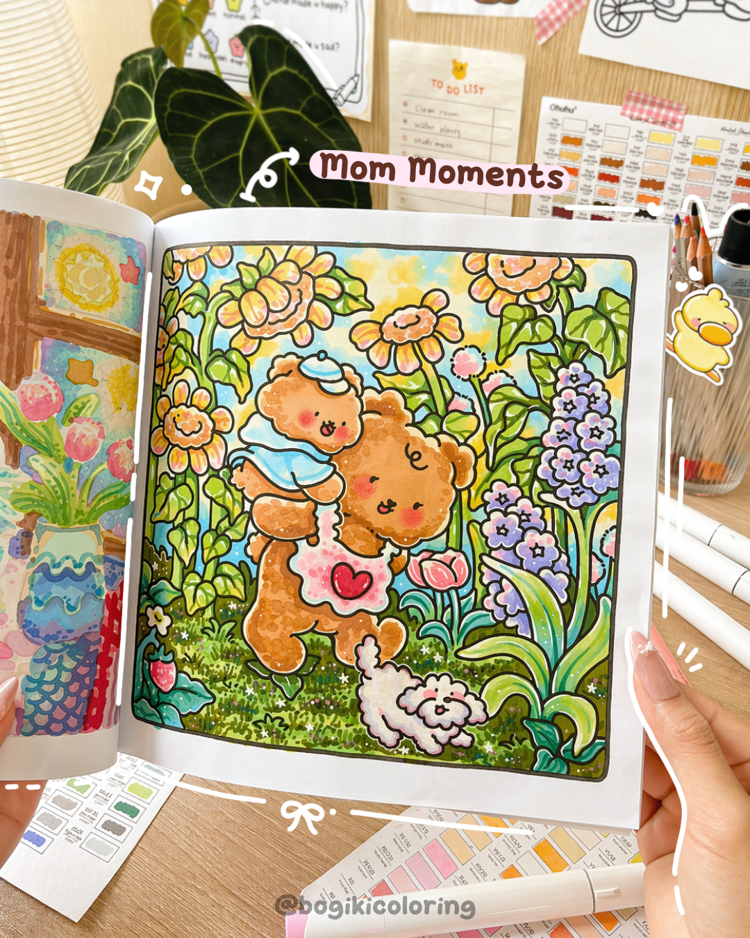 Mom Moments coloring book with cute animal illustrations showing everyday mother and child bonding moments at home