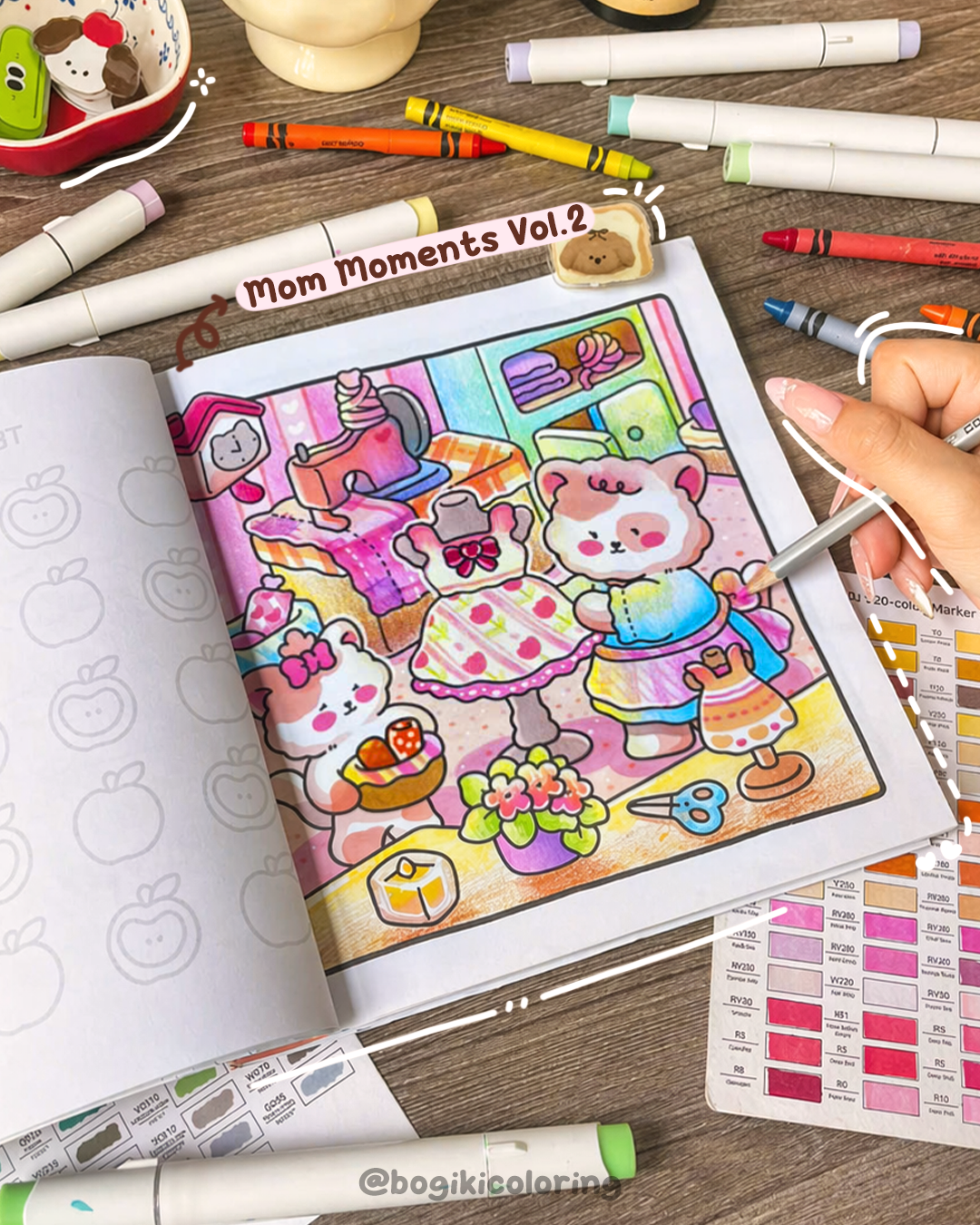 Mom Moments coloring book 2 featuring daily family life scenes with warm, gentle illustrations for relaxing time with mom