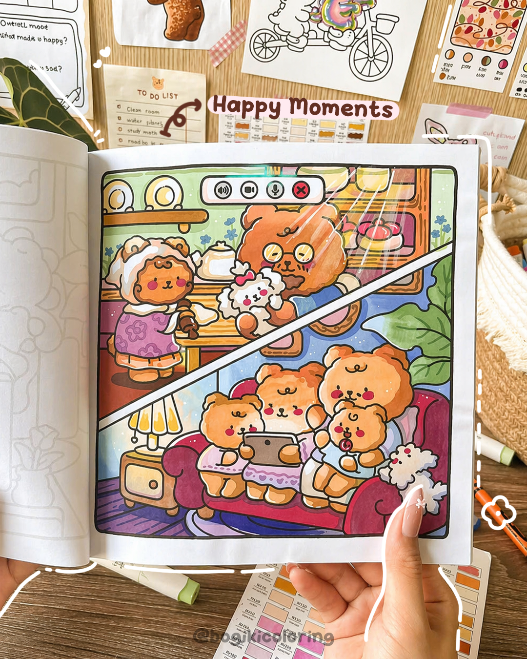 Happy Moments coloring book showing family bonding activities like meals and conversations in a warm home setting
