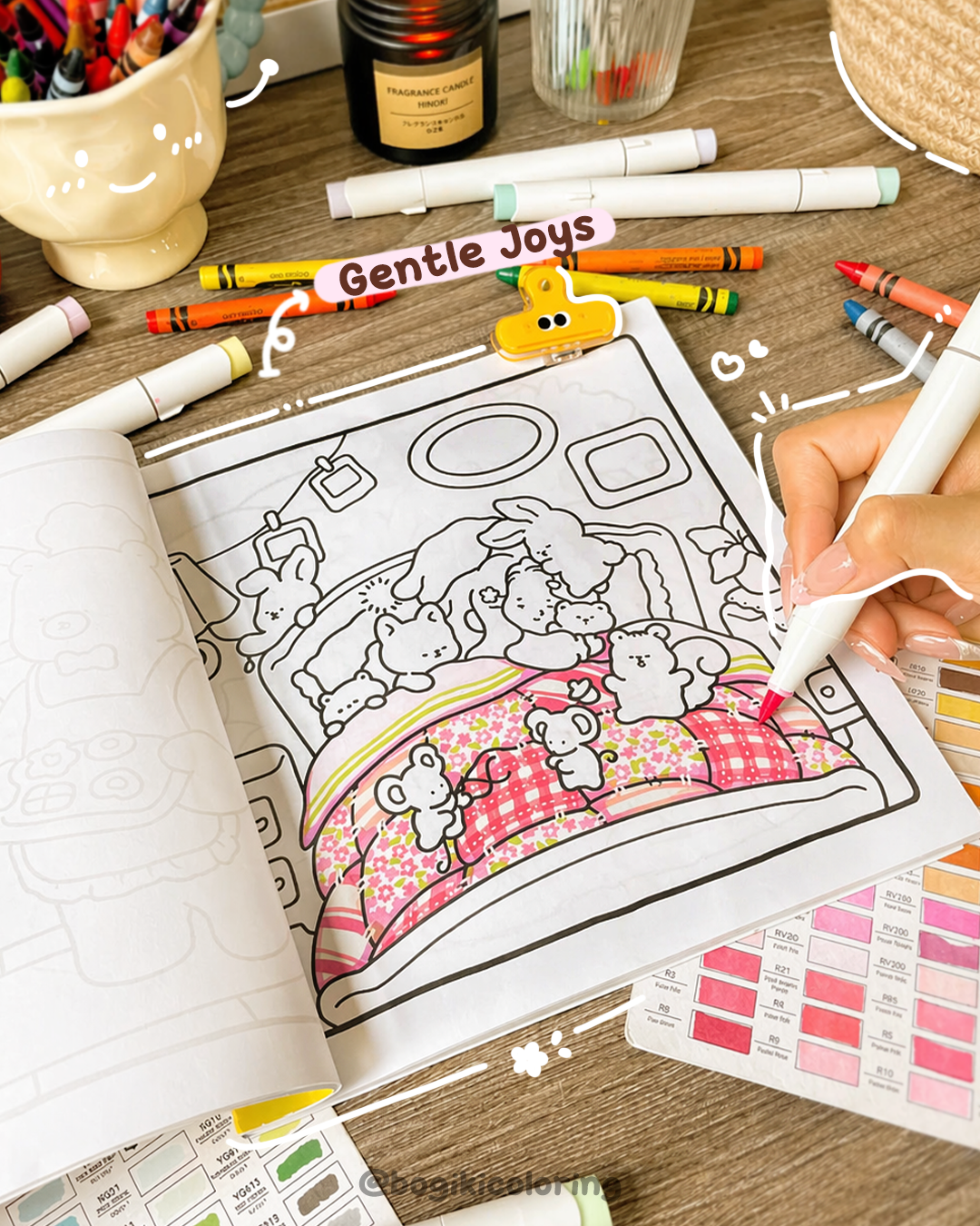 Gentle Joys coloring book with soft animal characters bringing nostalgic childhood feelings and emotional comfort for mom