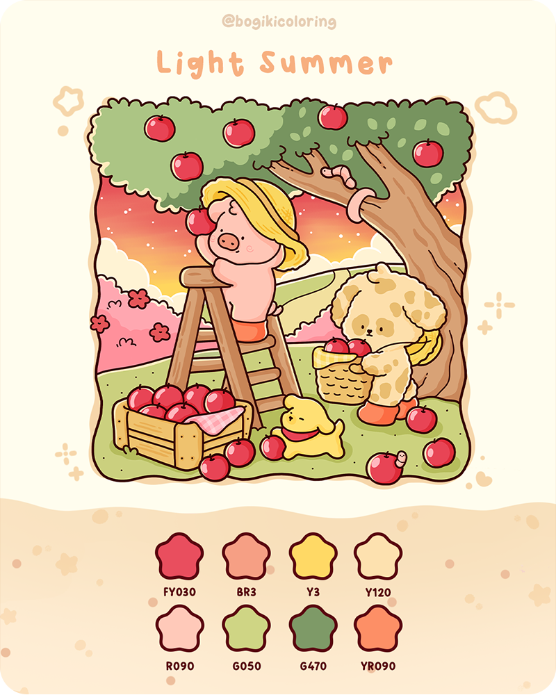 Light summer color palette ideas featuring soft peach, green, yellow and red tones for cozy adult coloring book inspiration