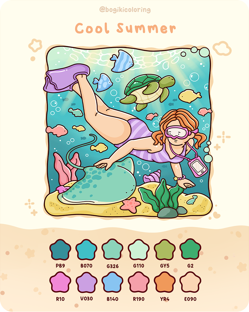 Cool summer color palette ideas with ocean blues, aqua greens and purples for refreshing peaceful adult coloring pages soft