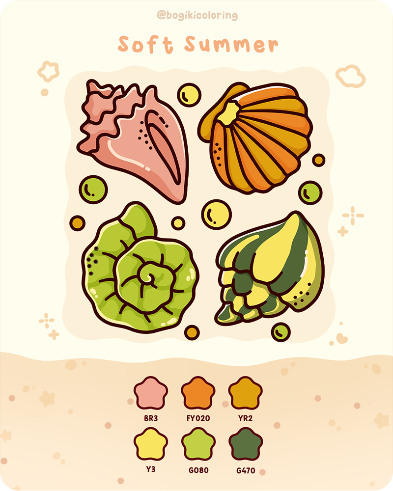 Soft summer color palette ideas with muted greens, shell pinks and earthy tones for calm cozy relaxing coloring experience