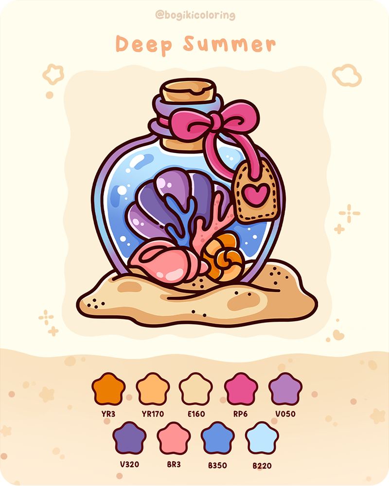 Deep summer color palette ideas with rich blues, rosy pinks and sandy neutrals for dreamy cozy seaside coloring scenes soft