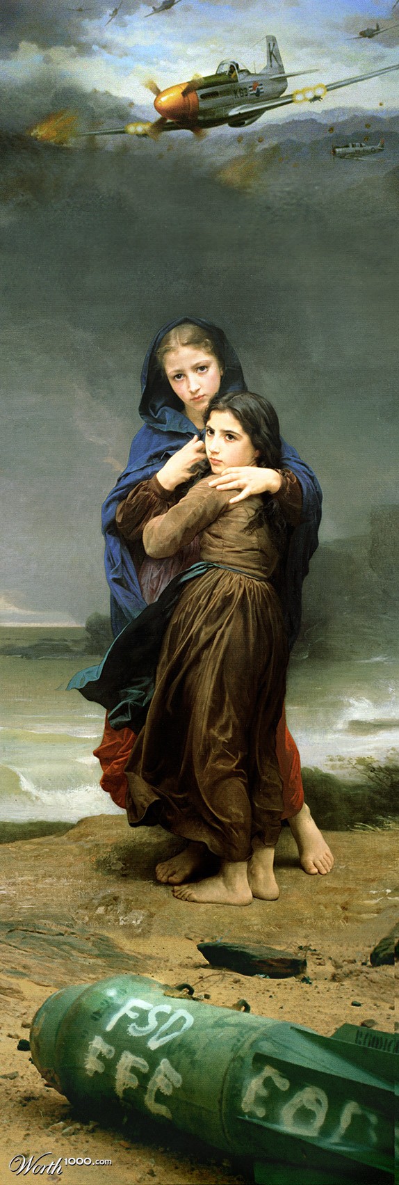 War torn young girls by the shore