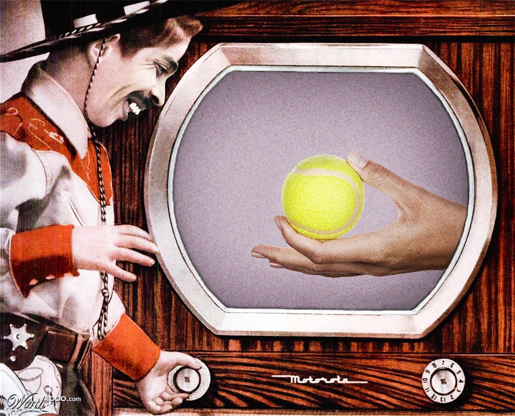 Midget Cowboy Watching a Tennis Ball on an Antique Television