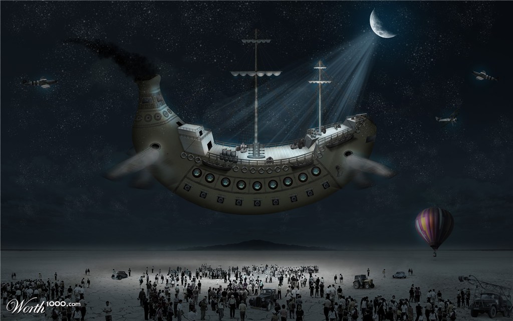Flying Banana ship at Night
