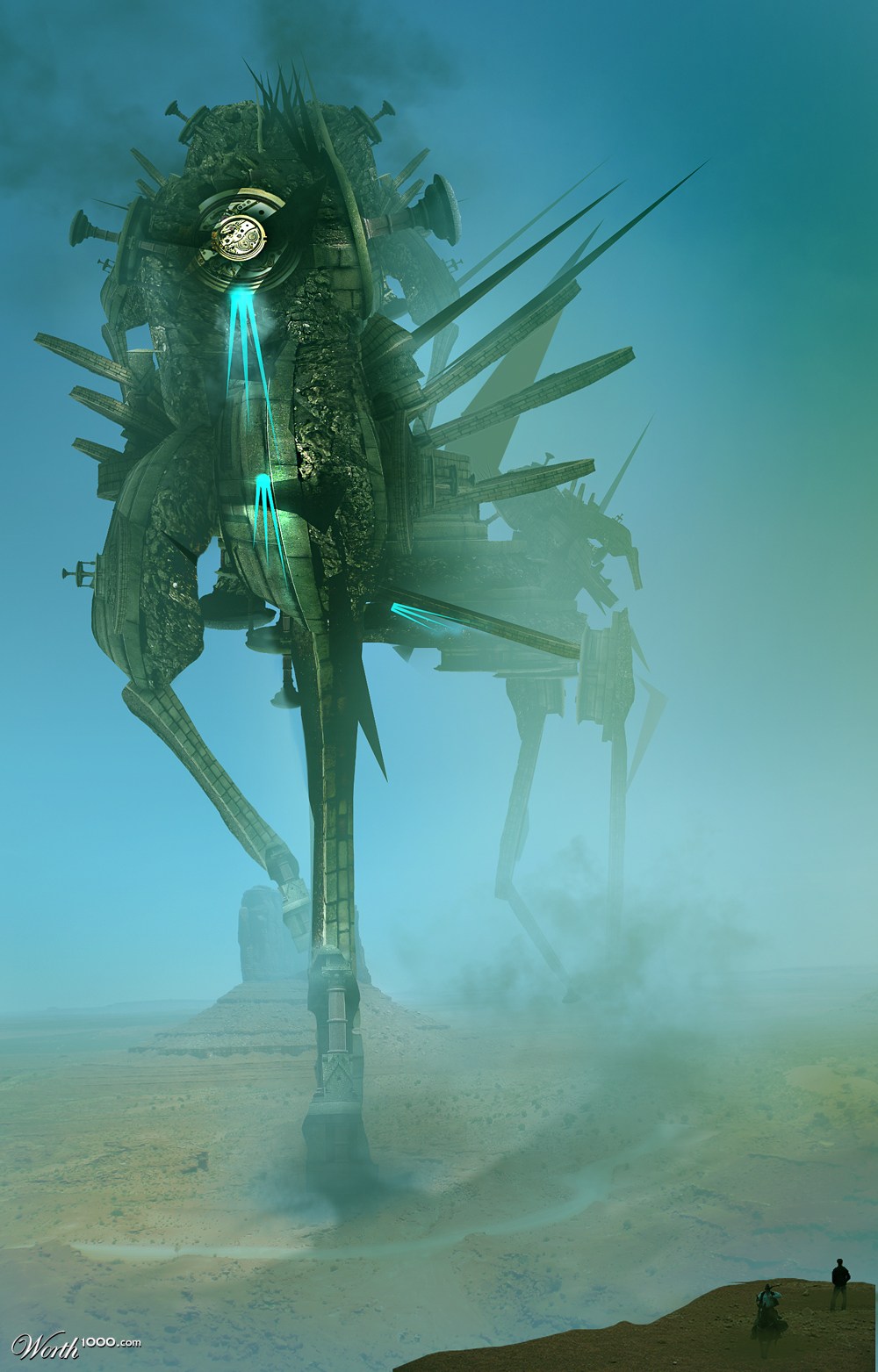 Large Steampunk Styled Robot Walking Carelessly Through the Desert with some People Looking at it...