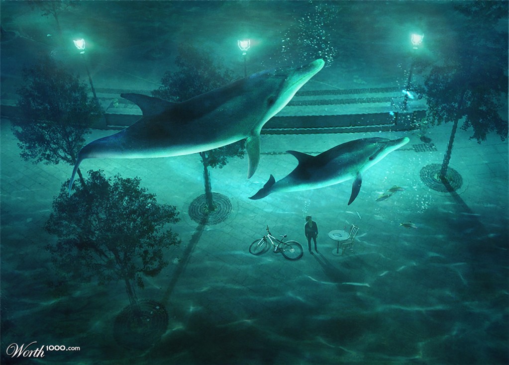 Under water.