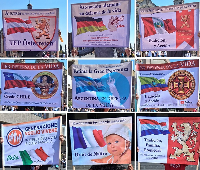 Banners from Austria, Germany, Peru, Chile, Argentina, Ecuador, Italy, France and Paraguay.