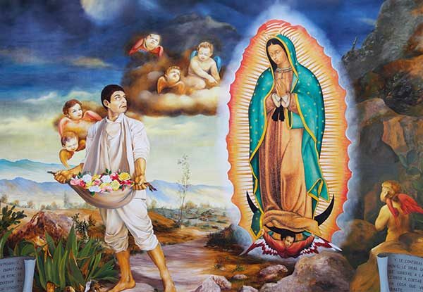 Our Lady arranges the roses in Juan Diego's tilma for him to present to the Bishop