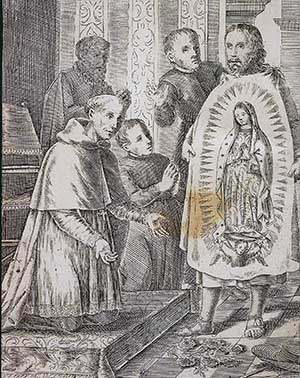 St Juan Diego opening his tilma for the Bishop